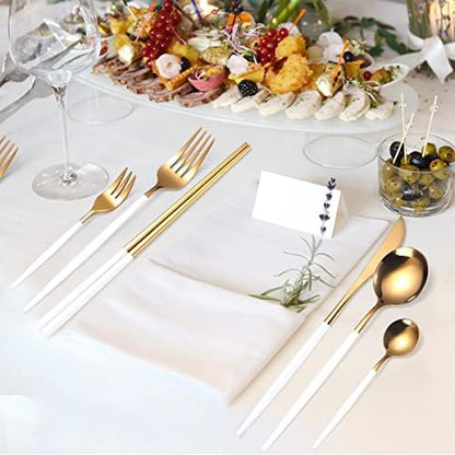 AARAINBOW 8 Pieces Stainless Steel Flatware Set Portable Reusable Cutlery Set Travel Utensils Set Including Chopsticks Knife Fork Spoon Straws Cleaning Brush Dishwasher Safe (White Golden)