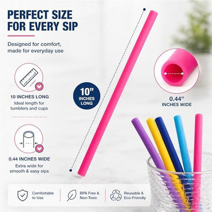Wide Reusable Silicone Straws 10" Long Set of 5 | Free Cleaning Brush