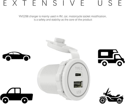[White] USB Cigarette Lighter Socket Type C Charger DAMAVO YM1218 12V Outlet USB C Charging Port for Car Boat Marine Motorcycle ATV RV Campers Tractors Truck, USBA+C-2 PCS