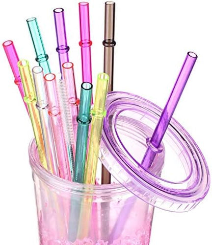 Dakoufish 9 inch Long Reusable Tritan Replacement Drinking Straws for 12 oz 16 oz Mason Jar,Tumblers, Set of 12 with Cleaning Brush (9 inch,7color)