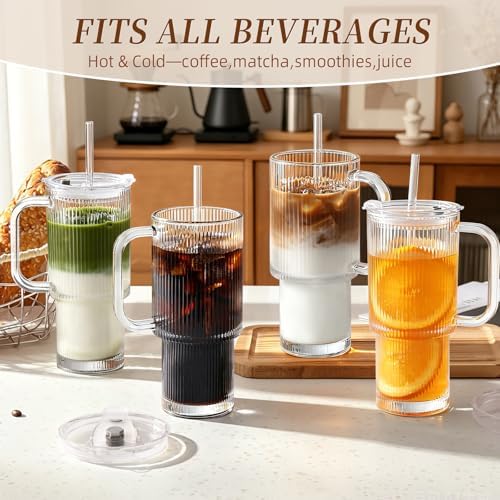 Iced Coffee Cups with Lids: Coffee Bar Accessories - Ribbed Glass Tumbler with Straw and Lid 4 Pack - 24oz Tumbler Leak Proof - Glass Cups Tumbler with Lid and Straws - Coffee Tumbler with Handle700ml