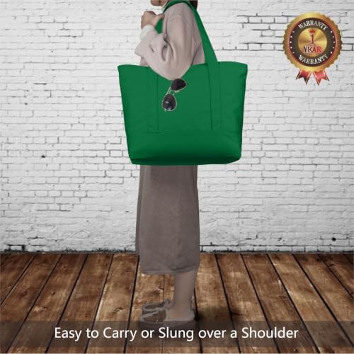 TOPDesign 1-Pack Canvas Tote Bag with an External Pocket, Reusable Grocery Shopping Bag, Top Zipper Closure, Daily Essentials (Green)