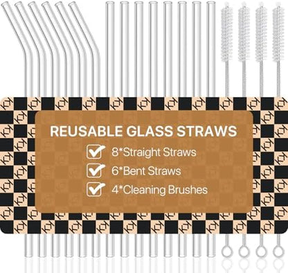 Glass Straws, 18-Pack Reusable Clear Glass Drinking Straws Set