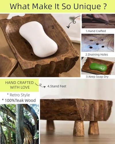Large Rustic Teak Wood Soap Holder, Farmhouse Wooden Soap Dish,Decorative Bathroom Shower Soap Holder, Handmade Kitchen Countertop Soap Stand with Draining Holes