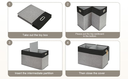 Large Toy Box with Flip-Top Lid, Collapsible Storage Organizer Bins with Dividers and Handles, Kids Bin Chest Baskets for Toys, Playroom Organizers, Nursery 25"x13" x16" (Balck & Gray)