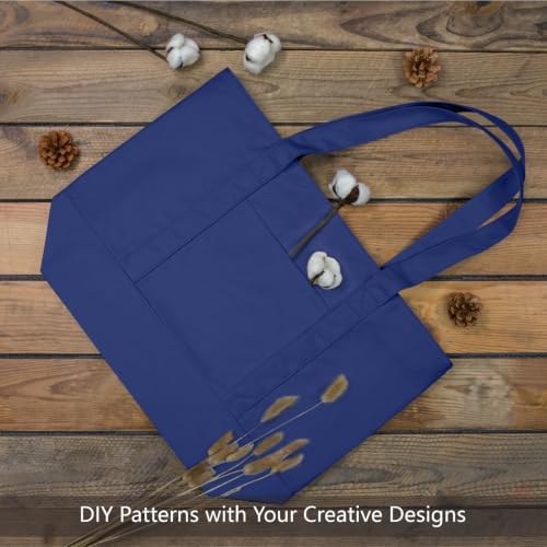 TOPDesign 3-Pack Canvas Tote Bags with an External Pocket, Reusable Grocery Shopping Bags, Top Zipper Closure, Daily Essentials (Blue)