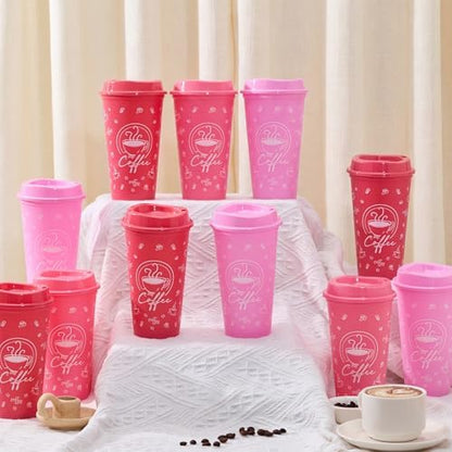 12 Sets Reusable Coffee Cups with Lids, 16oz, Pink Series