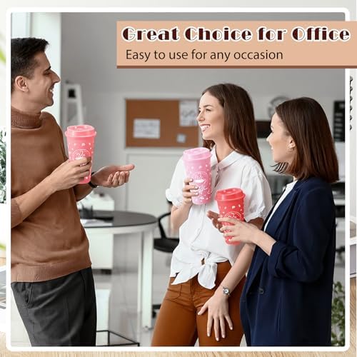 12 Sets Reusable Coffee Cups with Lids, 16oz, Pink Series