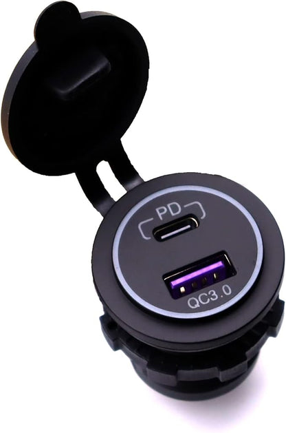 MOTONG Waterproof 12V QC3.0 Power Outlet Charger, QC3.0 USB A & PD Type C Car Socket Charger Power Socket Port for Car Marine Boat RV Truck