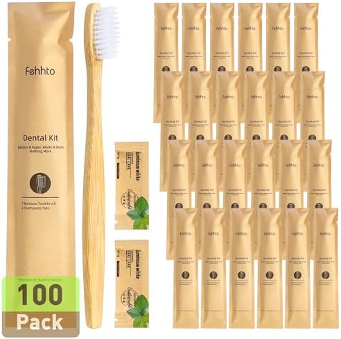 100 Pack Bamboo Toothbrushes with Toothpaste 6g Individually Wrapped