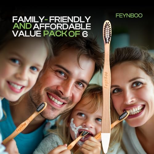 Bamboo Toothbrushes Medium Bristles 6 Pack - BPA Free Bristles Toothbrushes for Adults - Eco-Friendly, Natural Wooden Toothbrush (Light Brown, White, Black)