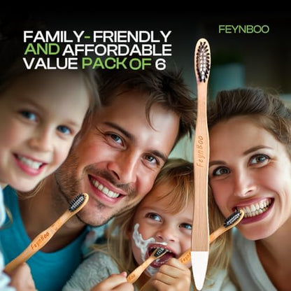 Bamboo Toothbrushes Medium Bristles 6 Pack - BPA Free Bristles Toothbrushes for Adults - Eco-Friendly, Natural Wooden Toothbrush (Light Brown, White, Black)
