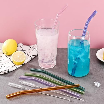 6 Pcs Reusable Bent Glass Drinking Straws,9''x10 mm Colorful Glass Straws for Beverages, Shakes, Milk Tea, Juices,Set of 6 Bent with 2 Cleaning Brushes -Shatter Resistant