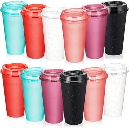 FillTouch 12 Pcs 16 oz Reusable Coffee Cups with Lids, Glitter Colors