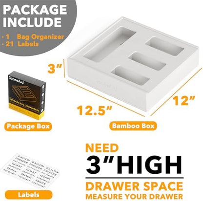 SpaceAid Bag Storage Organizer for Kitchen Drawer, Bamboo Organizer, Compatible with Gallon, Quart, Sandwich and Snack Variety Size Bag (1 Box 4 Slots), White