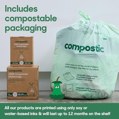 Compostic Compostable Trash Bags, 13 Gallon Tall Kitchen (100 Count) Bulk Pack — Extra Strong, Home Compostable, Plant-Based, Non-Toxic, Unscented Garbage Bags (Pack of 2)