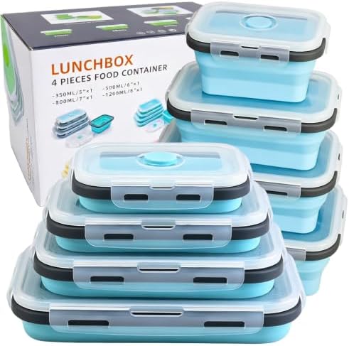 Decorwell 4 Collapsible Food Storage Containers, 12/17/27/40 oz Food-Grade Silicone Set, Leakproof Food Containers for Kitchen Office Camping Picnic, Blue