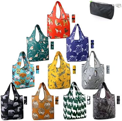 BeeGreen Animal Reusable Shopping Bags Grocery Totes 10 Pack with Zipper Carry Pouch Cute Shopper Bags XLarge Machine Washable Durable Gifts for Animal Lovers Women