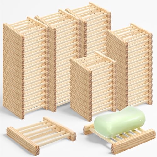 Natural Bamboo Wood Soap Dish with Drainage Tray - Bulk 50 Pcs Wooden Soap Holder for Bathroom, Kitchen Sink, Bar Soaps & Sponges - Rustic Home Decor Organizer, 3.3 x 3.3 x 0.67 Inch