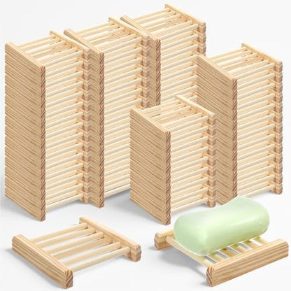 Natural Bamboo Wood Soap Dish with Drainage Tray - Bulk 50 Pcs Wooden Soap Holder for Bathroom, Kitchen Sink, Bar Soaps & Sponges - Rustic Home Decor Organizer, 3.3 x 3.3 x 0.67 Inch