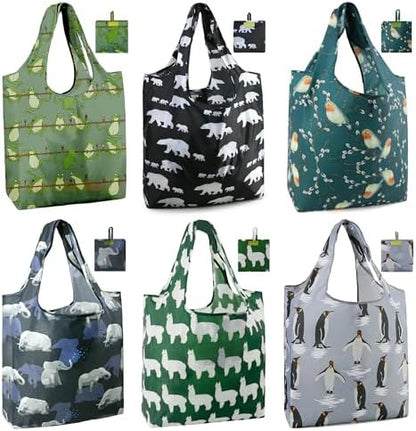 BeeGreen Animal Reusable Shopping Bags Cute Grocery Bag 6 Pack, Christmas Gift Bags Heavy-Duty Foldable Shopping Totes for Supermarket, Work & Travel, Large Washable Polyester Tote Bag with Handles