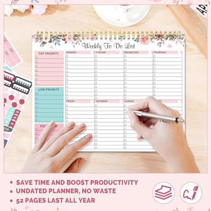 Thboxes Weekly To Do List Notepad, 8.5"x11" Desk Planner 52 Sheets, Pink