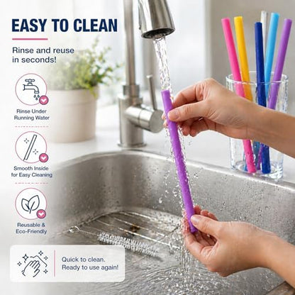 Wide Reusable Silicone Straws 10" Long Set of 5 | Free Cleaning Brush