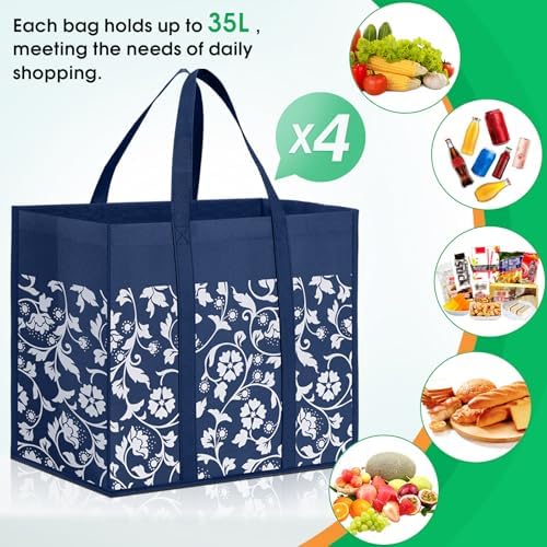 Reusable Grocery Bags Foldable Tote Bags Bulk Shopping Bags 4-Pack, Blue