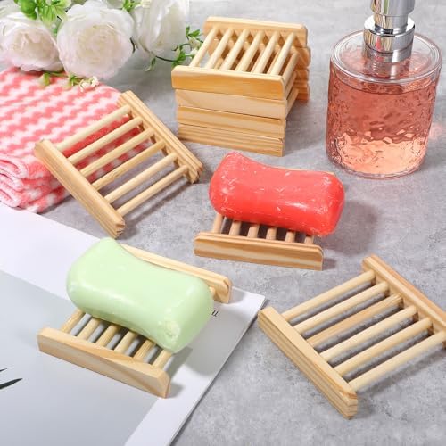Natural Bamboo Wood Soap Dish with Drainage Tray - Bulk 50 Pcs Wooden Soap Holder for Bathroom, Kitchen Sink, Bar Soaps & Sponges - Rustic Home Decor Organizer, 3.3 x 3.3 x 0.67 Inch