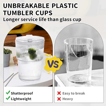 16 OZ Iced Coffee Cups with Lids and Straws Set of 4, Unbreakable Plastic Drinking Glasses Reusable Iced Coffee Glass to Go Cup for Iced Tea,Juice, Water,BPA Free, Dishwasher Safe
