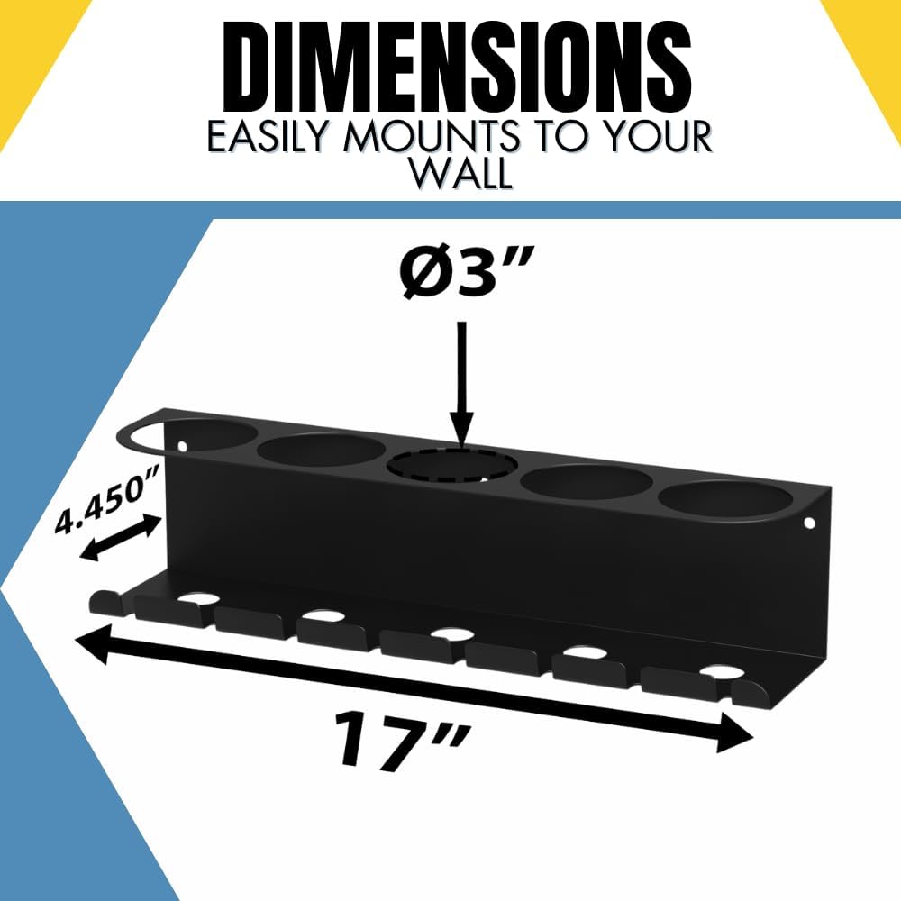 Koova Wall Mount Air Tool Holder with 5 Aerosol Can Storage - Durable Metal Construction - Made in USA - Includes Hardware for Garage & Workshop Organization
