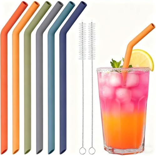 NiHome 6-Pack Wide Reusable Bent Silicone Straws for Smoothies, Milkshake