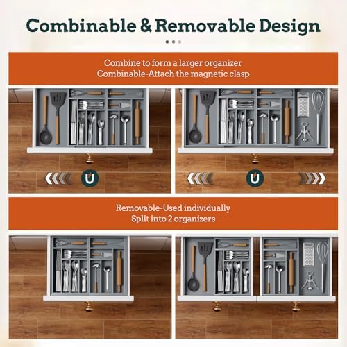 Magnetic Expandable Silverware Drawer Organizer, 13 Slots Utensil Gray
