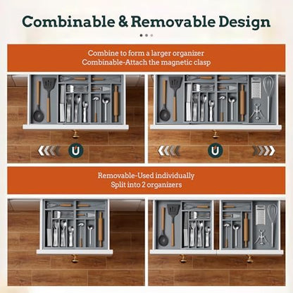 Magnetic Expandable Silverware Drawer Organizer, 13 Slots Utensil Gray