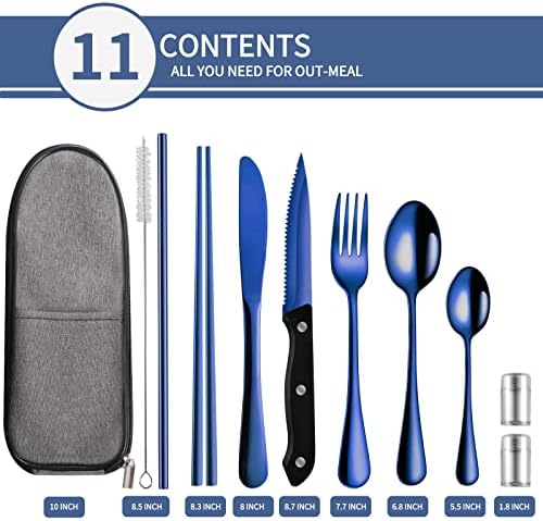 Logcow Travel Utensils Set with Case, 10-Piece Reusable Stainless Steel Camping Cutlery, Portable Fork Spoon Knife Chopsticks & Straw for Work, Lunch, Picnic (Blue)