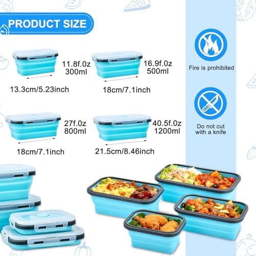 Collapsible Silicone Food Storage Containers 4 Set Airtight Leak Proof Food Containers with Lids Stackable Meal Prep for Microwave Freezer Dishwasher for Kitchen Camping Office Blue