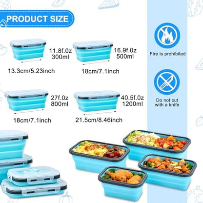 Collapsible Silicone Food Storage Containers 4 Set Airtight Leak Proof Food Containers with Lids Stackable Meal Prep for Microwave Freezer Dishwasher for Kitchen Camping Office Blue