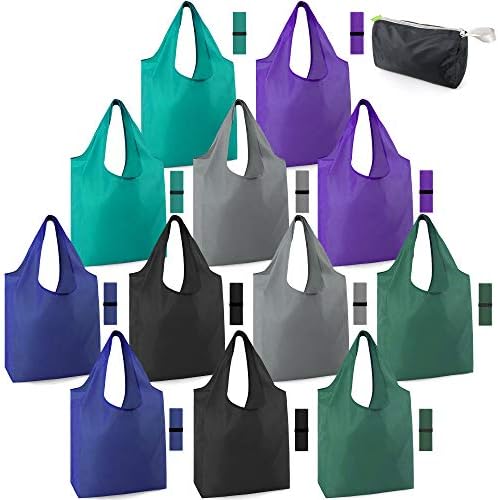 BeeGreen Reusable Bags for Shopping Machine Washable 12 Pack Xlarge Grocery bags Reusable Heavy Duty Folding with Elastic Band Colorful Tote Gift Bags Lightweight Durable Polyester