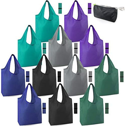 BeeGreen Reusable Bags for Shopping Machine Washable 12 Pack Xlarge Grocery bags Reusable Heavy Duty Folding with Elastic Band Colorful Tote Gift Bags Lightweight Durable Polyester
