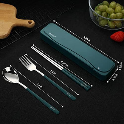 DEVICO Travel Utensils with Case, 4Pcs Portable Silverware Set for Work, 18/8 Stainless Steel Reusable Cutlery, Korean Spoon and Chopsticks Fork for Camping, School, Lunch Box Accessories (Dark Green)