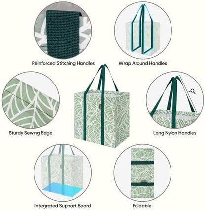 BALEINE 4 PK Grocery Bags Reusable Shopping Bags with Reinforced Bottom, Heavy Duty Foldable Tote Bags (Antique Folidage)