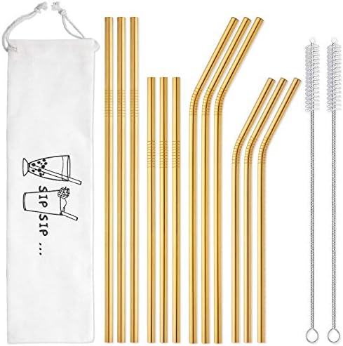 Hiware 12-Pack Gold Stainless Steel Straws Reusable with Case - Metal Drinking Straws for 30oz & 20oz Tumblers Dishwasher Safe, 2 Brushes Included