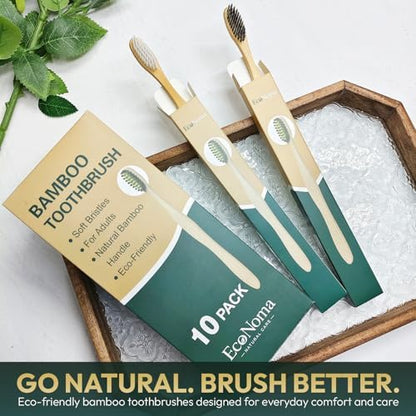 Bamboo Toothbrushes for Adults 10 Pack, Eco Friendly Wooden Toothbrush with Soft BPA Free Bristles, Natural Biodegradable Organic Toothbrush, Plastic Free Bulk Toothbrushes for Sustainable Oral Care