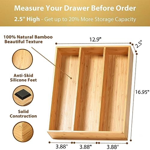 Umilife Bamboo Kitchen Utensils Organizer, 13 Inch Drawer Dividers for Silverware, Extra Deep Holder, with Non-Slip Feet, Wood Caddy for Flatware Cutlery