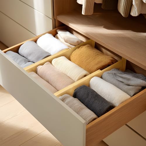 VaeFae 3 Pack Bamboo Drawer Dividers, 4" High Adjustable 11.9-17.1" Clothes Drawer Organizers, Expandable Separators for Bedroom/Bathroom/Kitchen/Office Storage