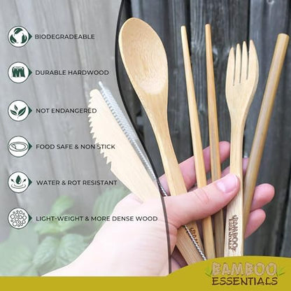Travel Utensils with Case Set Fork, Knife, Spoon, Chopsticks, Straw, Straw-cleaning brush, Travel Pouch and Carabiner, Excellent For Everyday Use! ((2 Sets) Sunset Red/Sunrise Yellow)