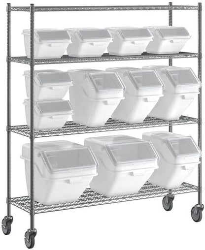18x60 Inch Chrome Wire Shelving Unit with 12 Storage Bins, 74-Inch Mobile Rack, 600 lb Capacity per Shelf, Includes Measuring Scoops