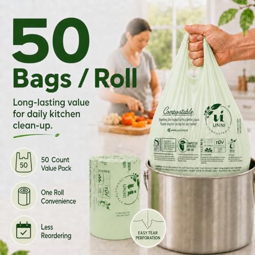 UNNI 2.6 Gallon Compostable Bags with Easy-Tie Handles, 10 Liter, 50 Count