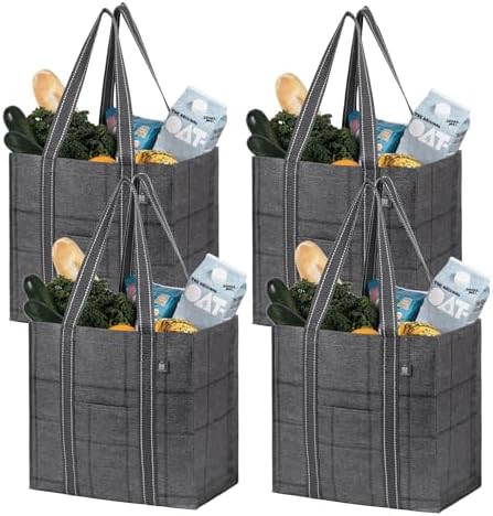 VENO 4 Pack Large Grocery Bag Reusable Shopping Bags with Hard Bottom