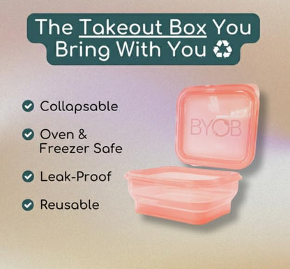BYOB Collapsible Silicone Food Containers with Attached Lids – Reusable To-Go & Leftover Containers, Platinum Silicone, Leak-Resistant – 4 Pack (Pink)